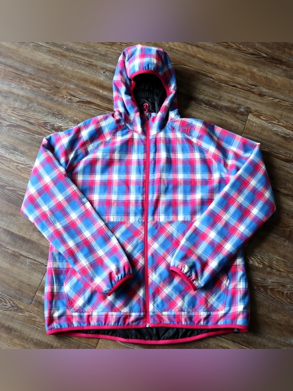 Adidas Reversible Plaid Black Windbreaker Jacket Hooded Climaproof Womens XL